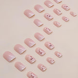 24pcs Wit Vierkant Lijm op korte nagels Roze gradiënt bloemenpatroon Druk op de nagels Kunstnagels Valse nagelkunst Franse vierkante nagels Kunstnagels voor dames