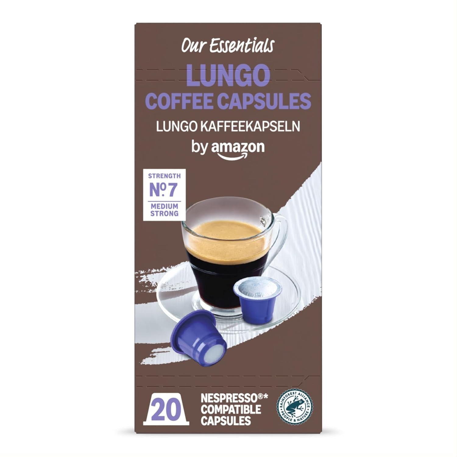 by Amazon Lungo Kaffee-Kunststoffkapseln, Nespresso-compatibel, 20 Stück, Packung mit 1 – Rainforest Alliance-zertifiziert