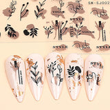 JMEOWIO Nagelsticker Rose Gold Schwarze Blume 12 Blatt Nail Art Sticker Selbstklebend Nagelaufkleber Frühlings Linie Abstracts Blatt Decoratie Nageldesign Zubehör