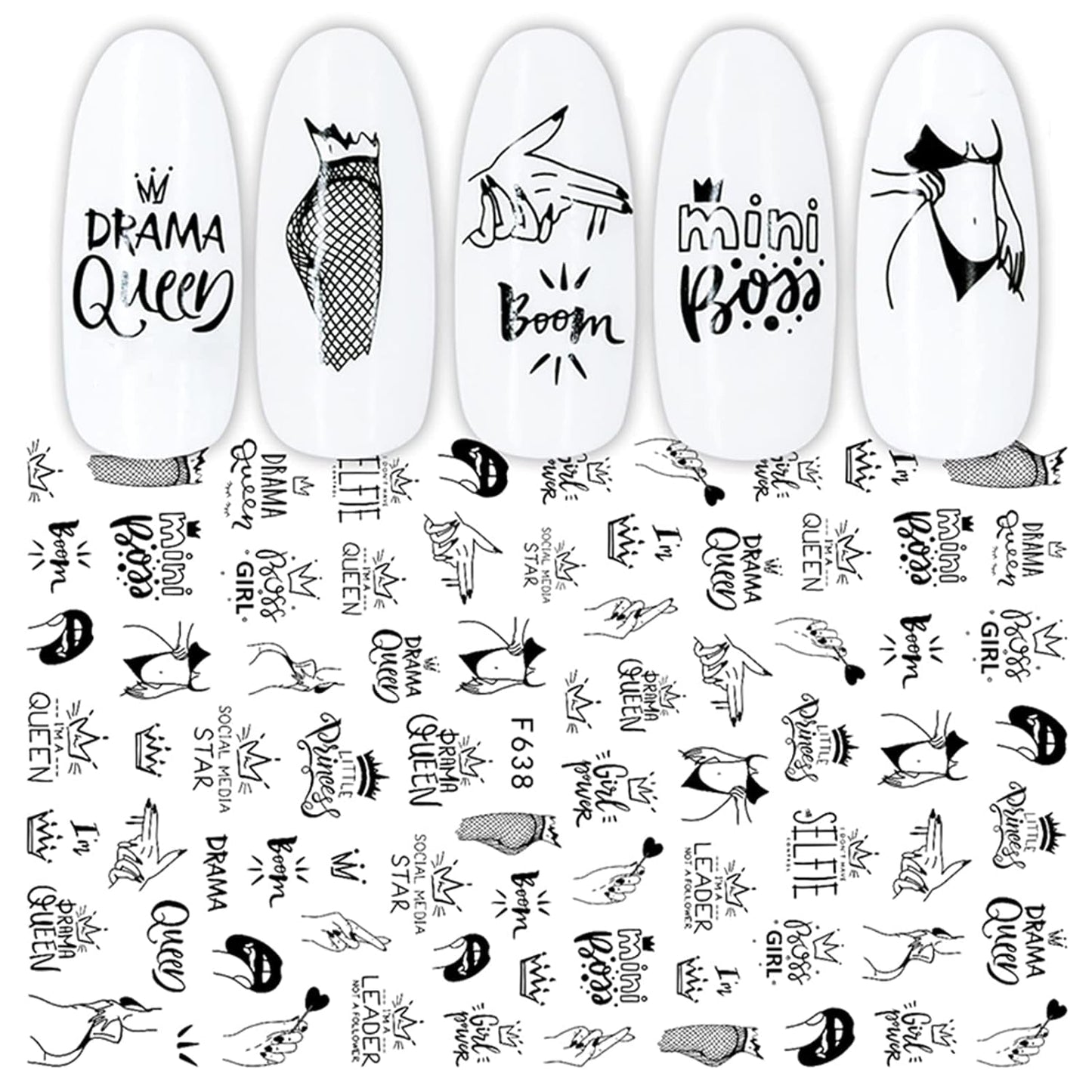 JMEOWIO Nagelsticker Geometrie 10 Blatt Nagelaufkleber Selbstklebend Schwarzes Herz Unregelmäßig Geformt Nail Art Sticker Decoratie Nageldesign Zubehör