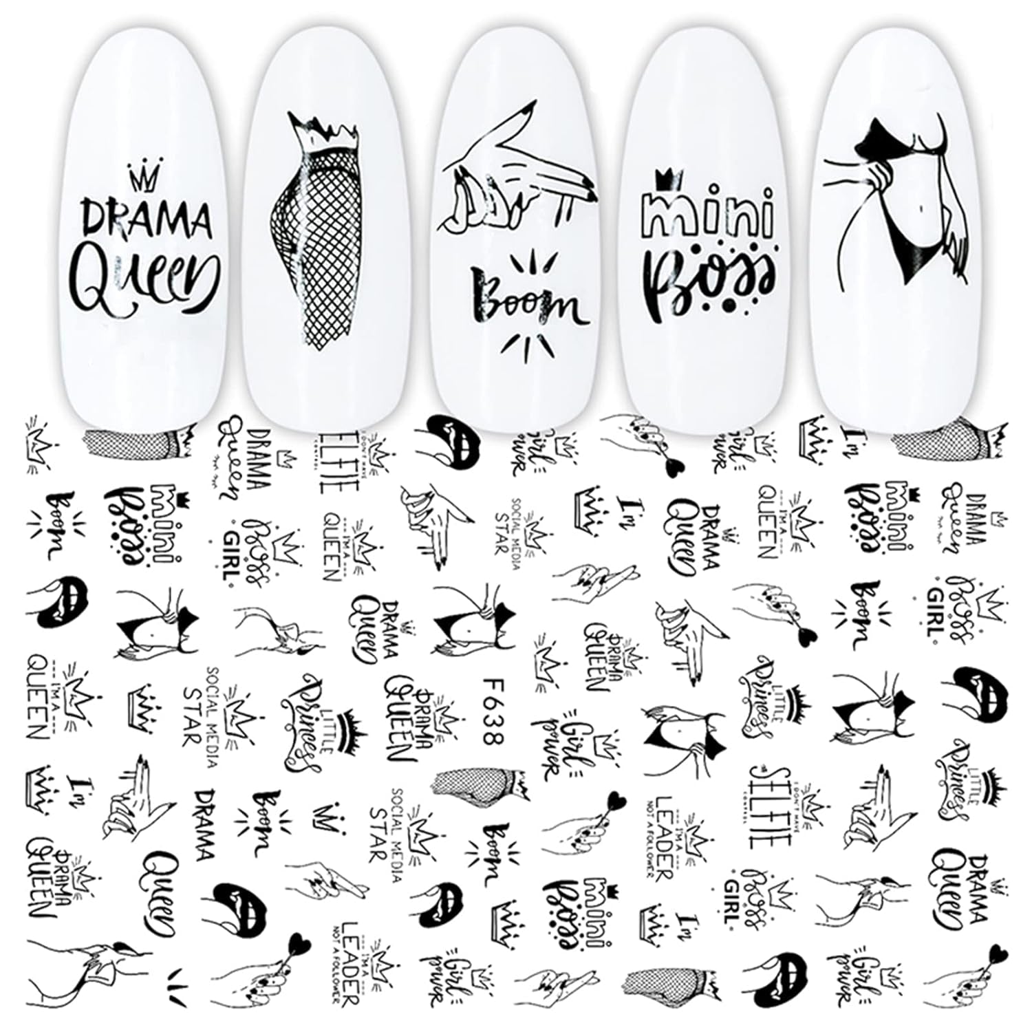 JMEOWIO Nagelsticker Geometrie 10 Blatt Nagelaufkleber Selbstklebend Schwarzes Herz Unregelmäßig Geformt Nail Art Sticker Decoratie Nageldesign Zubehör