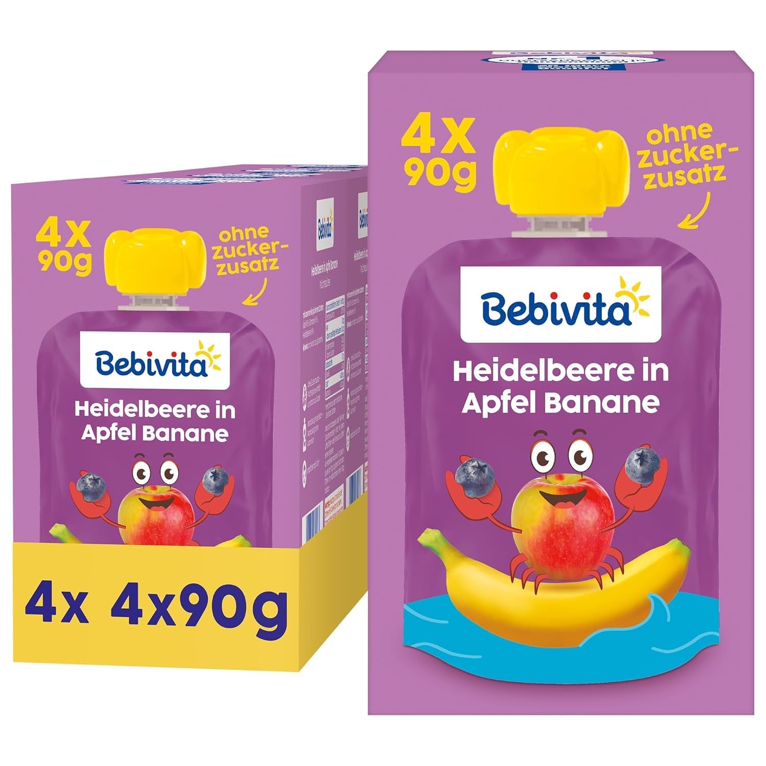 Bosbessen-, appel- en banaan-squeezable zakjes - 16 (4 verpakkingen, elk 4 x 90 g), geen toegevoegde suikers, glutenvrij, ideaal voor afhaalrestaurants en snacks voor onderweg