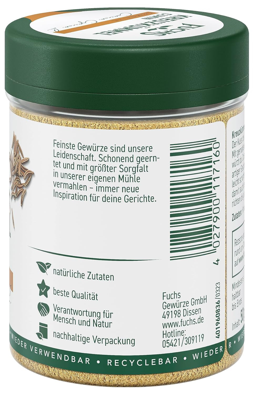 Fuchs Gewürze - Kreuzkümmel gemahlen - zum Würzen von Couscous, Hummus en Falafel - natuurlijke ingrediënten - 50 g in wiederverwendbarer, recyclebarer Dosis