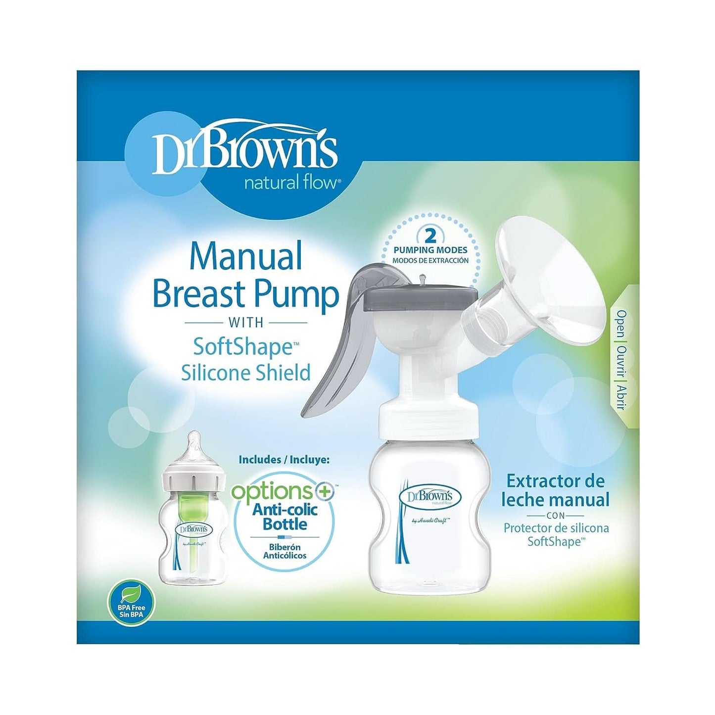 Handmatige borstkolf met 100% siliconen Softshape-bescherming (B, 25 mm flens) en antikrampjesopties + 150 ml fles met brede mond en speen niveau 1 met langzame doorstroming Accessoires Voeding en borstvoeding Bebe Naty Shop