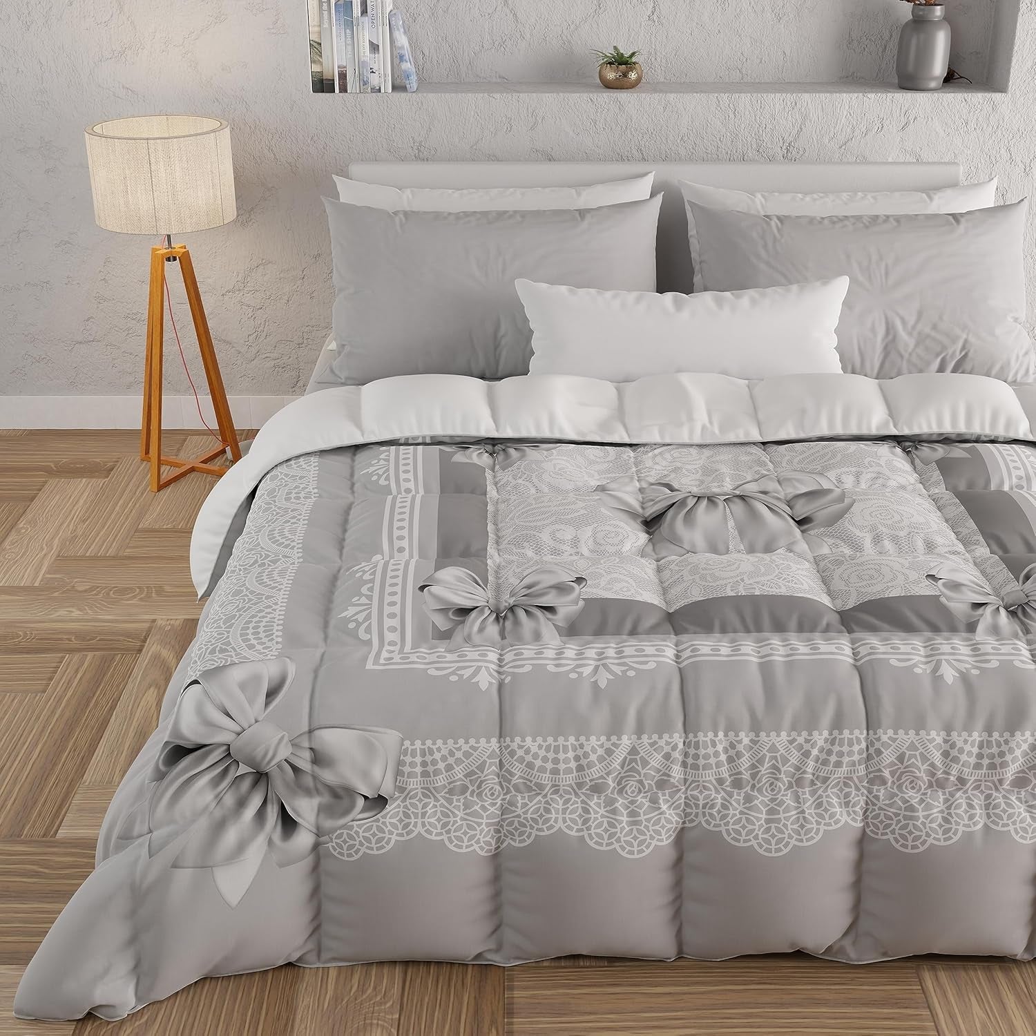 PETTI Artigiani Italiani - Winterquilt, Winterquilt, Eenvoudige quilt, Dubbelzijdig, Monocolor en digitaal printen, 100% anti-allergische microvezel, Made in Italy Quilts en quilts Naty Shop Grijs lint 160 X 190 Cm