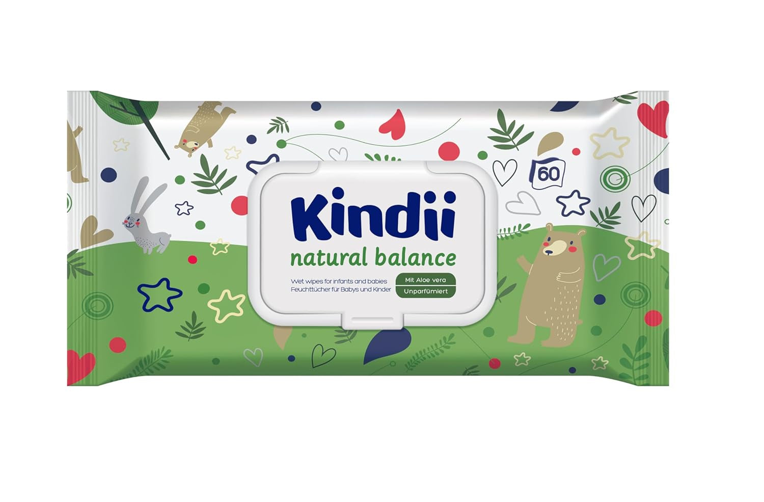 Kindii Natural Balance vochtige doekjes voor baby's – (1 x 60 st.) Vochtige doekjes voor baby's en kinderen – Beschermend, Aloë Vera, delicate geur – 60 st.
