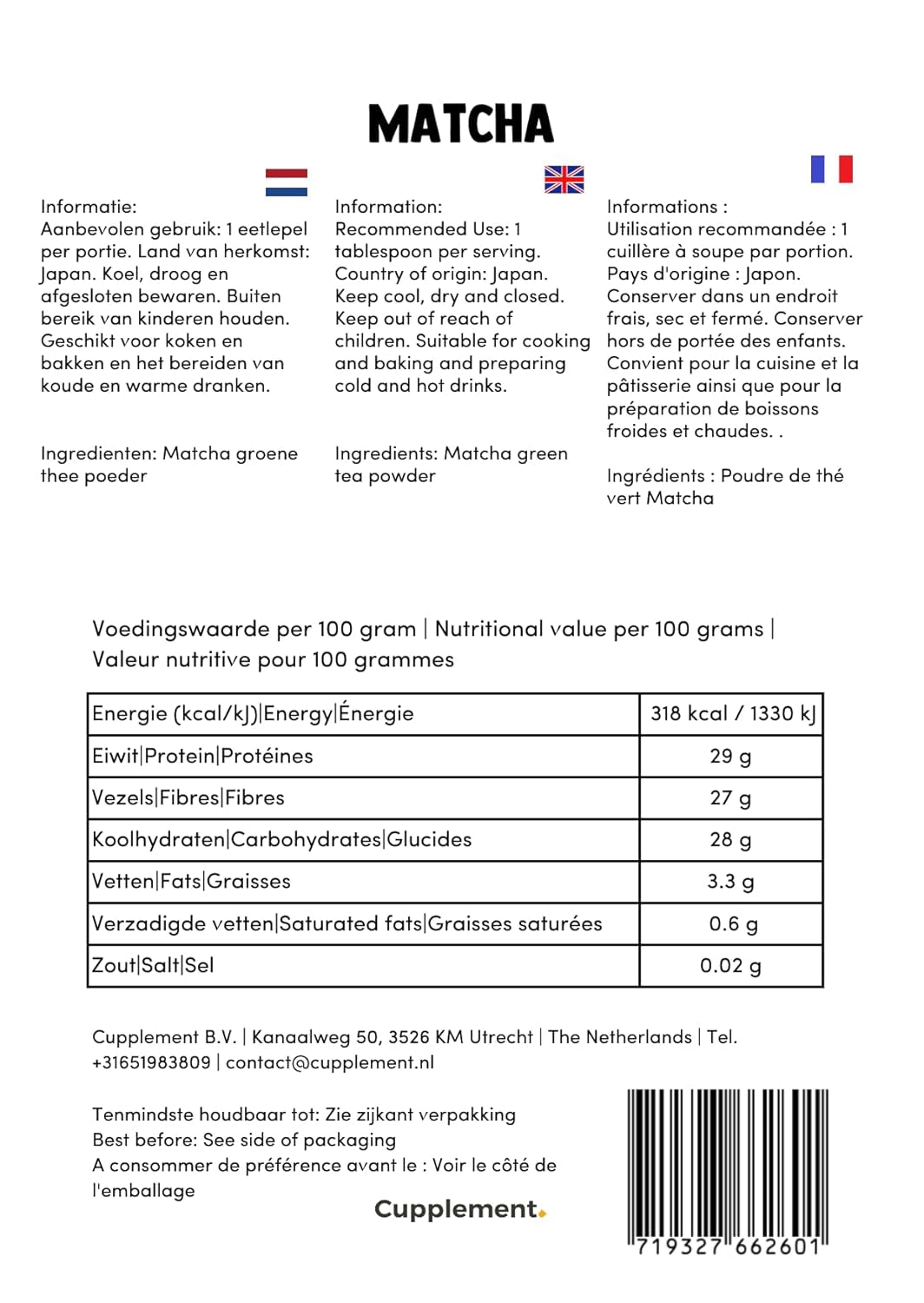Cupplement Matcha 90 gram biologisch - Hoogste kwaliteit groene thee in poedervorm - Geen bamboe garde en draad - Culunair - Beginnersset - Latte - Garde - Japan - Poeder - Thee - Draad - Zak - Smoothie