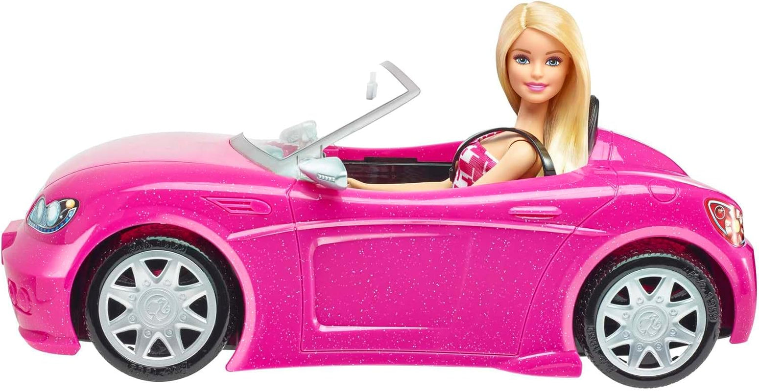 Barbie-pop en roze glitter-cabriolet, realistisch bandenlogo, speelgoed van 3 jaar oud, DJR55 Naty Shop-poppen