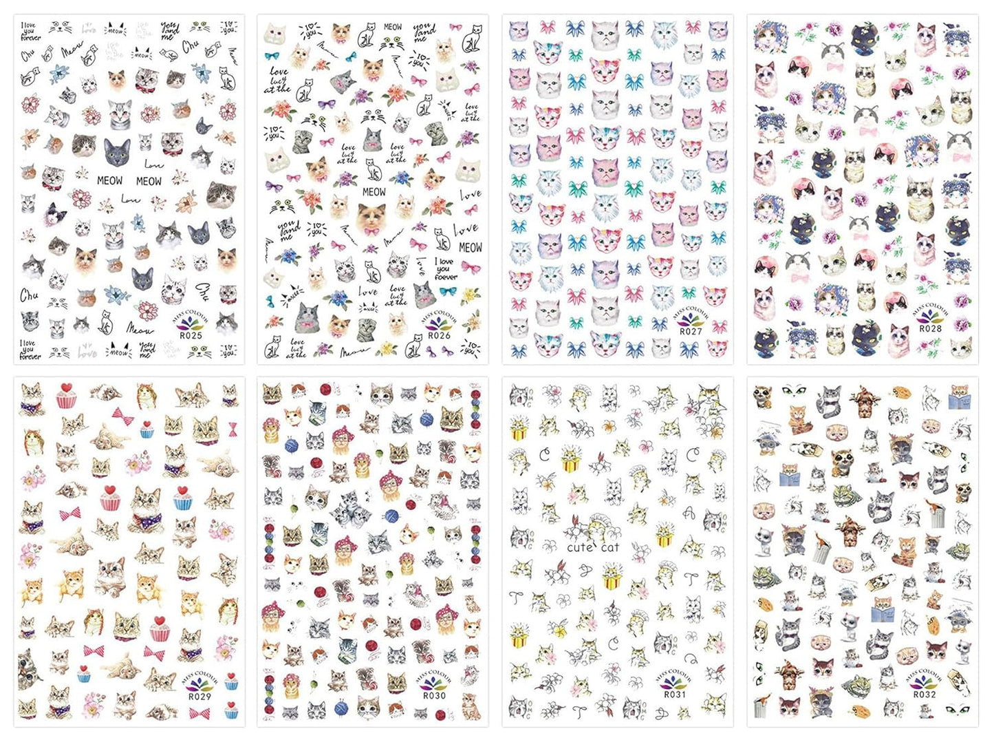 JMEOWIO Nagelsticker Tierische 8 Blatt Nail Art Sticker Selbstklebend Nagelaufkleber Katze Niedlich Decoratie Nageldesign Zubehör