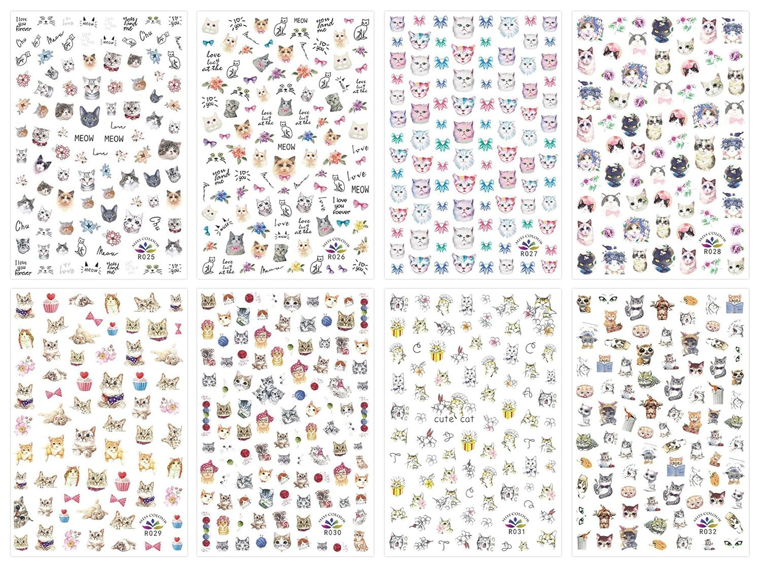 JMEOWIO Nagelsticker Tierische 8 Blatt Nail Art Sticker Selbstklebend Nagelaufkleber Katze Niedlich Decoratie Nageldesign Zubehör