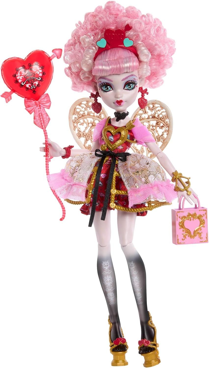 Monster High Scary Sweet Birthday Cupido Asteria-pop in roze en rode feestjurk met thema-accessoires zoals uitnodiging, ballon, cadeau en meer, JBG77