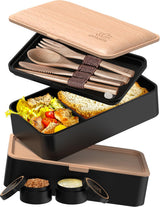 Umami lunchbox voor volwassenen, stapelbare bentobox met 4 bestek en vakken, lunchbox voor volwassenen, saladecontainer voor onderweg, picknick-/kantoorlunchbox, houtskoolgrijs, 1500 ml voedselbewaardozen Naty Shop zwart beuken L - 1200 ml