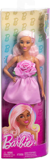 Barbie Fashionistas pop nr. 238 met pastelroze haar, strapless jurk met roze lijfje, parel haarclip en hoge hakken en haarspeldjes, HYT94