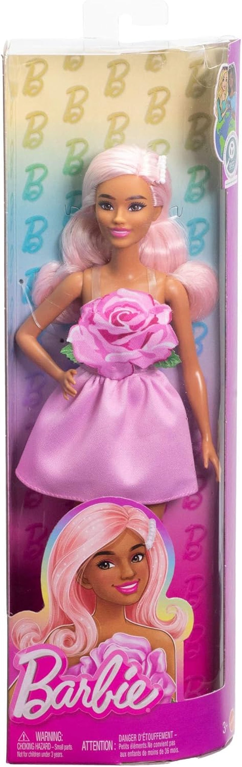 Barbie Fashionistas pop nr. 238 met pastelroze haar, strapless jurk met roze lijfje, parel haarclip en hoge hakken en haarspeldjes, HYT94