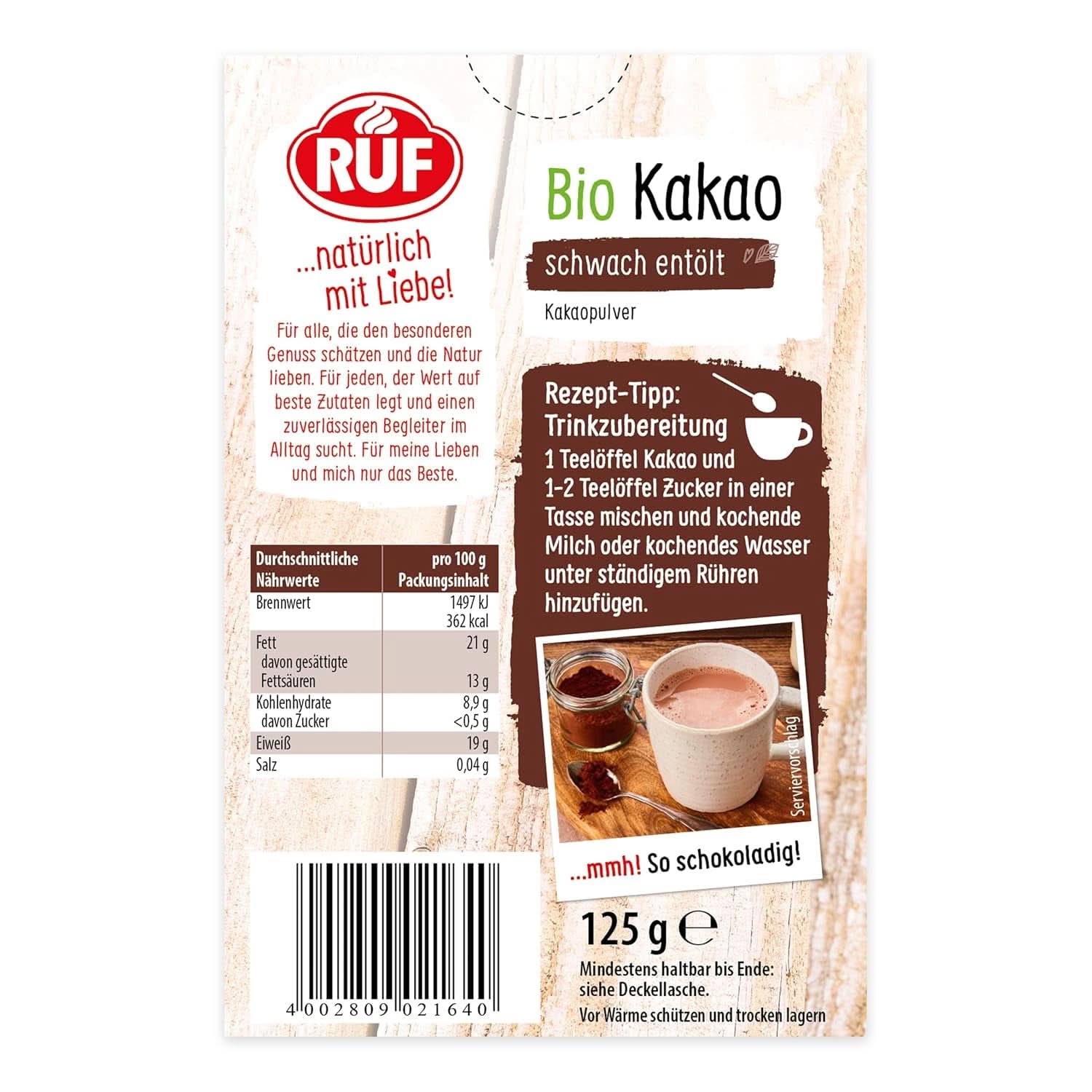 RUF cacaopoeder van biologische kwaliteit, 125 gram Cacao en Hot Chocolate Naty Shop