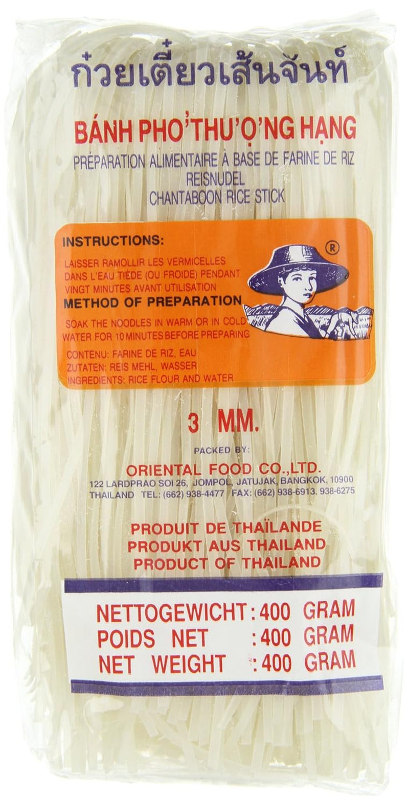 Rijstnoedels - Thaise, 3 mm brede rijstlintnoedels, gemaakt van rijstmeel - 17 x 400 g