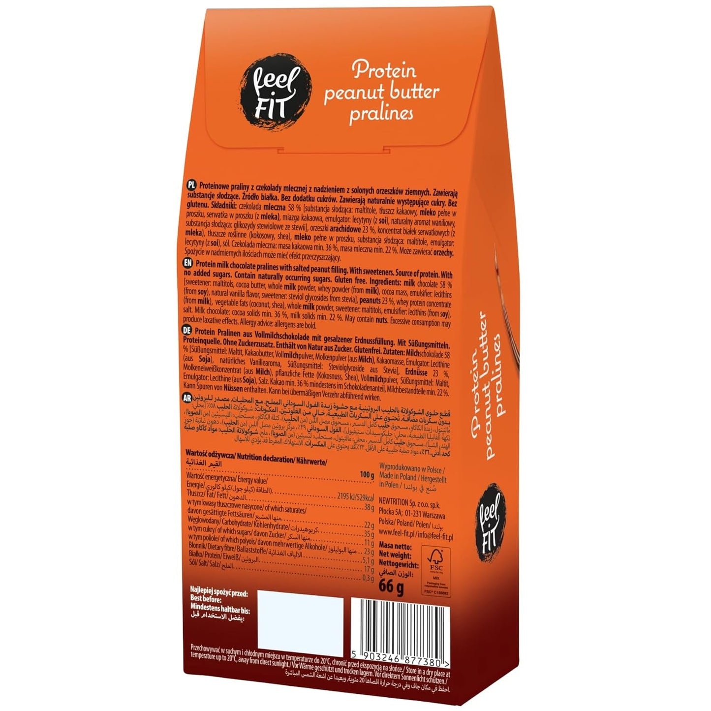 Feel FIT Proteïnepralines met pindakaas in melkchocolade van hoge kwaliteit, zonder toegevoegde suiker, 17% eiwit, glutenvrij 66 g (1 pak)