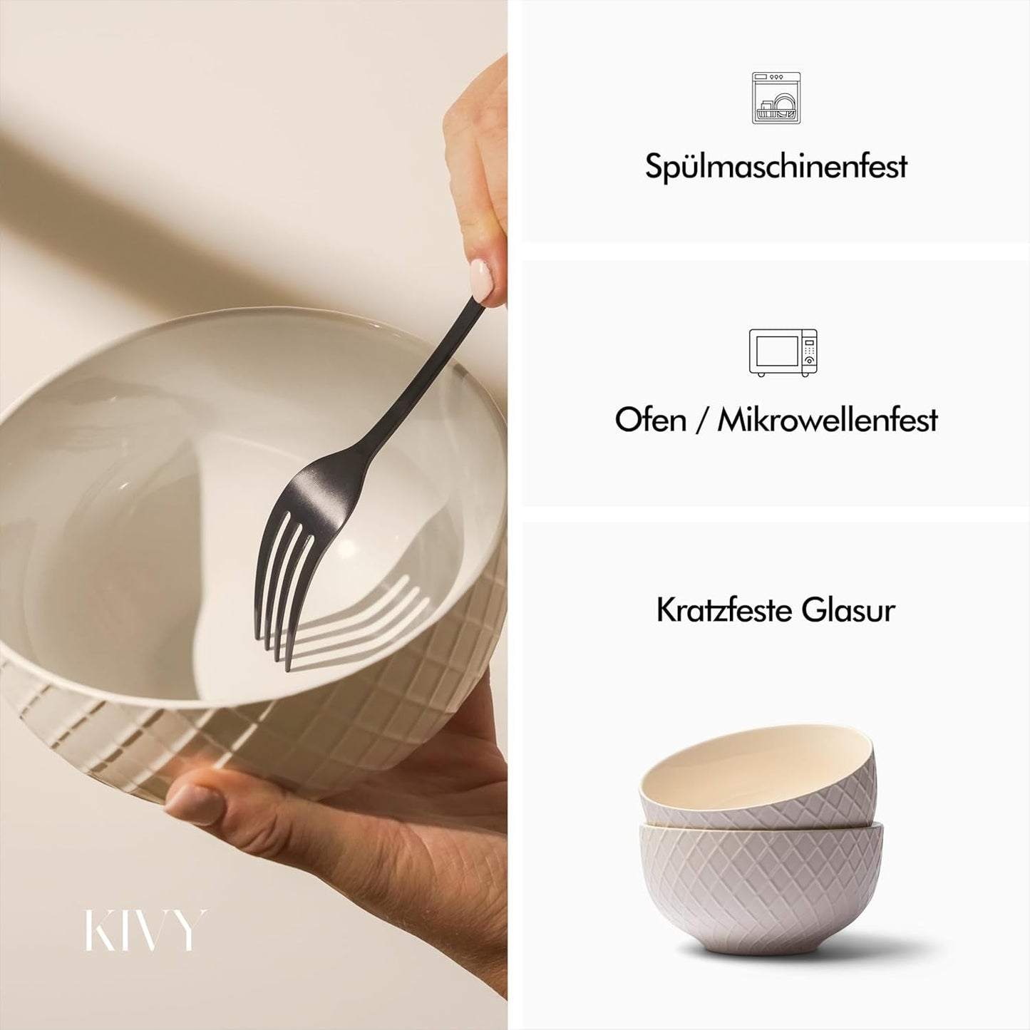KIVY Granenkommenset - 6 x 850 ml - Grote soep- en papkommen - Soepkom - Kom - Graankommen - Soepkommen - Kommenset - Keramische ontbijtgranenkom (Crèmewit, Kommen)