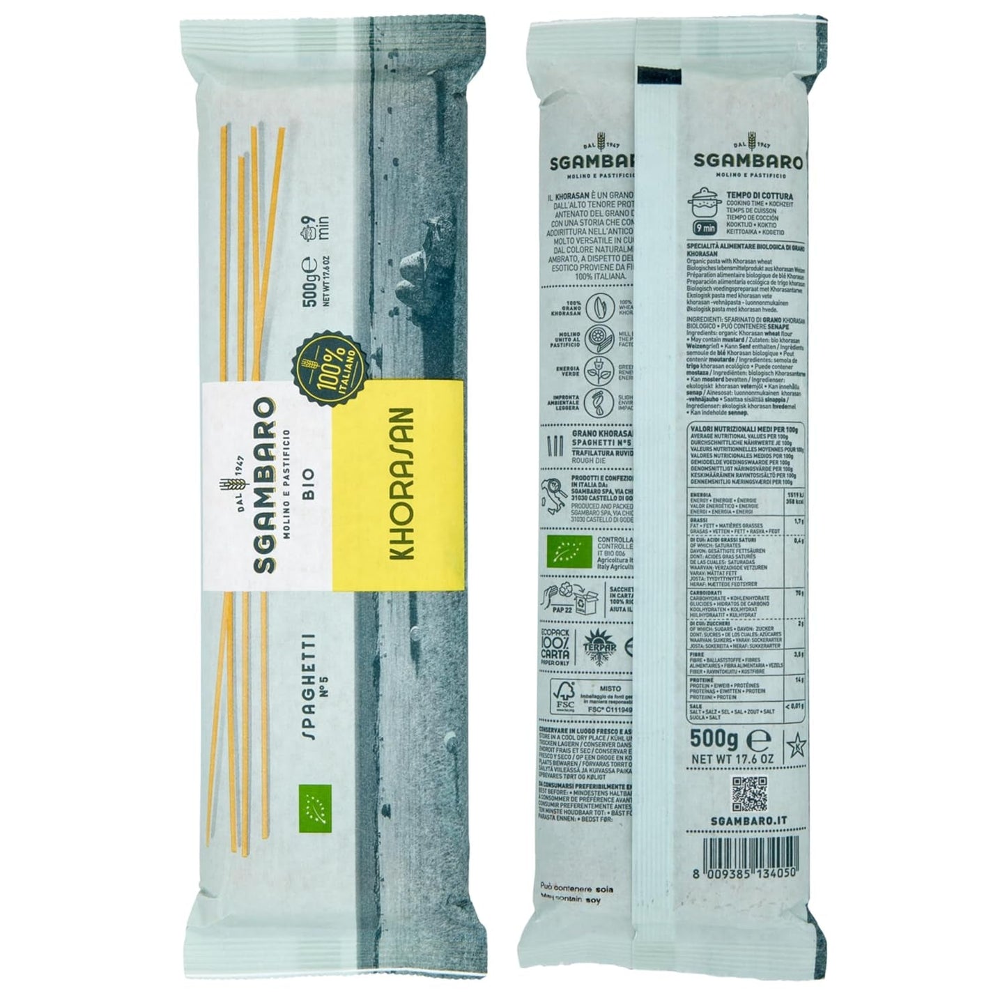 Biologische spaghettipasta nr. 5 - 500 g Khorasan-tarwe – Oude tarwe, rijk aan eiwitten, 100% Italiaans geteeld – Veelzijdig in de keuken en rijk aan voedingsstoffen