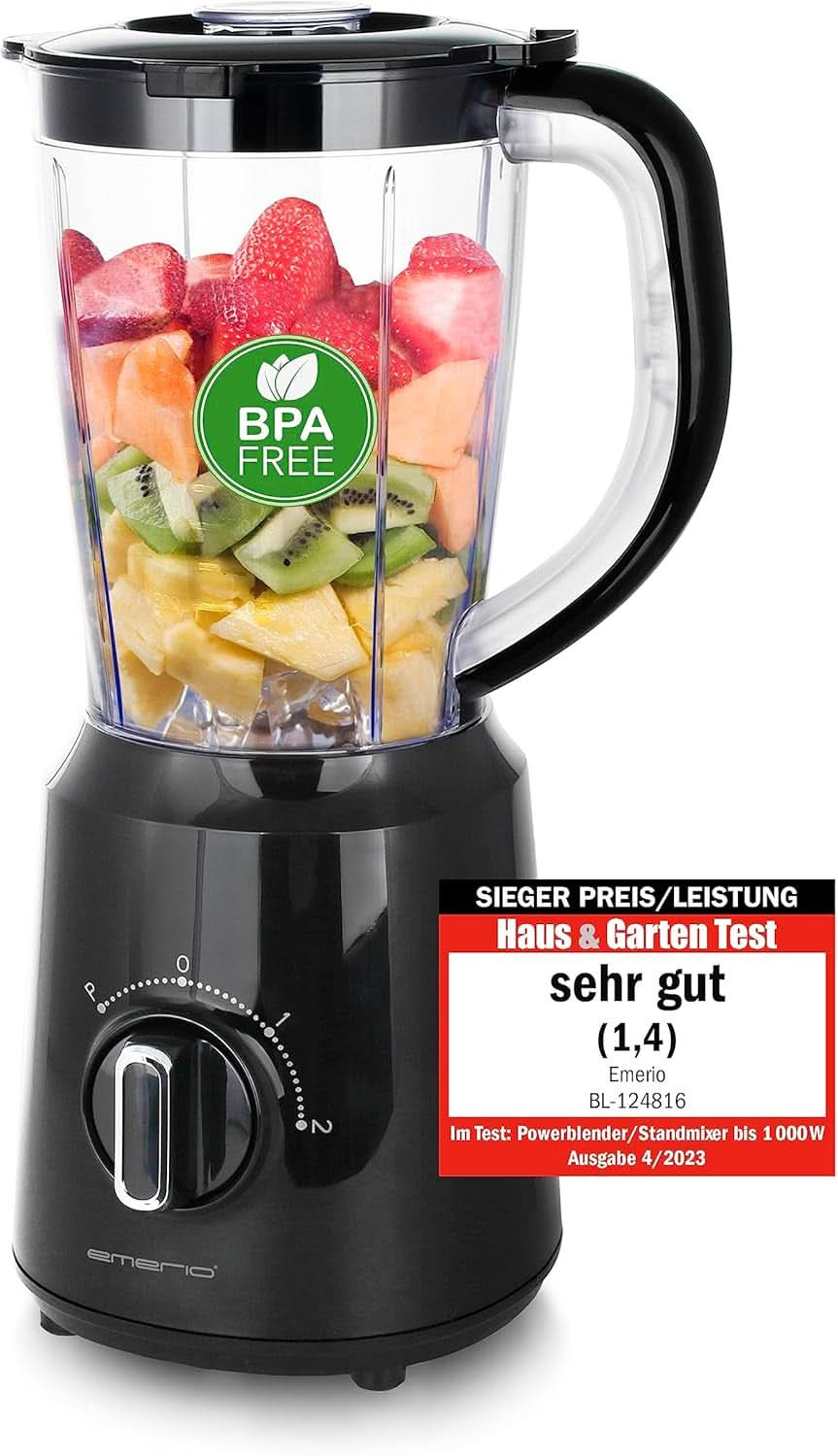 Emerio Standmixer BPA Frei Crush Ice-functie 1,5L Behälter 2 Geschwindigkeiten + Pulse-functie Messereinheit Aus Edelstahl Sicherheitsschalter Geschirrspülgeeignet 500 Watt BL-12816.8 Schwarz Bucatarie Naty Shop Schwarz