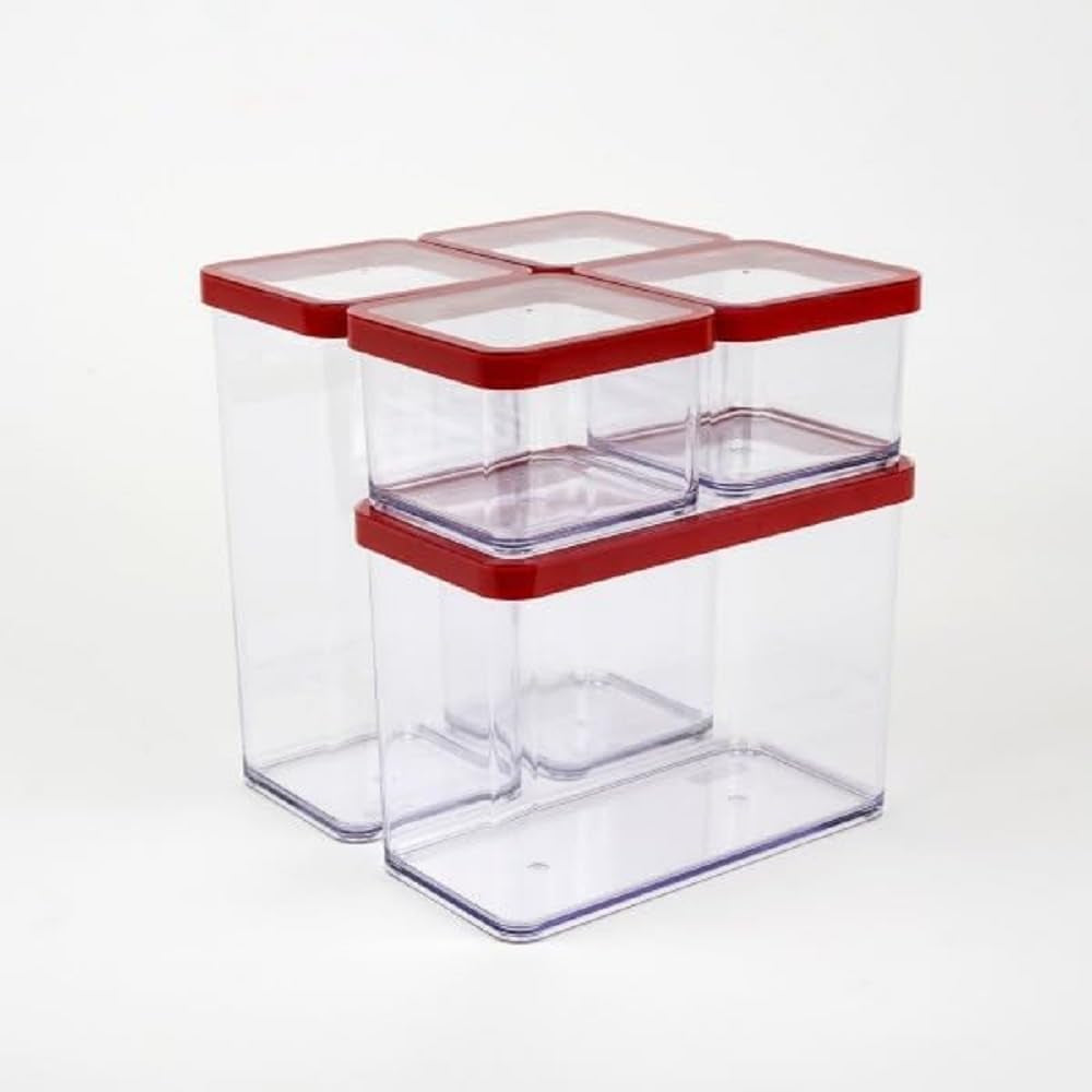 Rotho Loft set van 5 voorraadpotten met deksel, verschillende maten, voedsel kunststof (PP) BPA-vrij, transparant/rood, (21,4 x 21,4 x 23,5 cm) Naty Shop voedselbewaardozen set van 5 (1x 2,1 l + 2x 1,5 l + 2x 0,5 l)