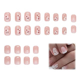 24pcs Wit Vierkant Lijm op korte nagels Roze gradiënt bloemenpatroon Druk op de nagels Kunstnagels Valse nagelkunst Franse vierkante nagels Kunstnagels voor dames