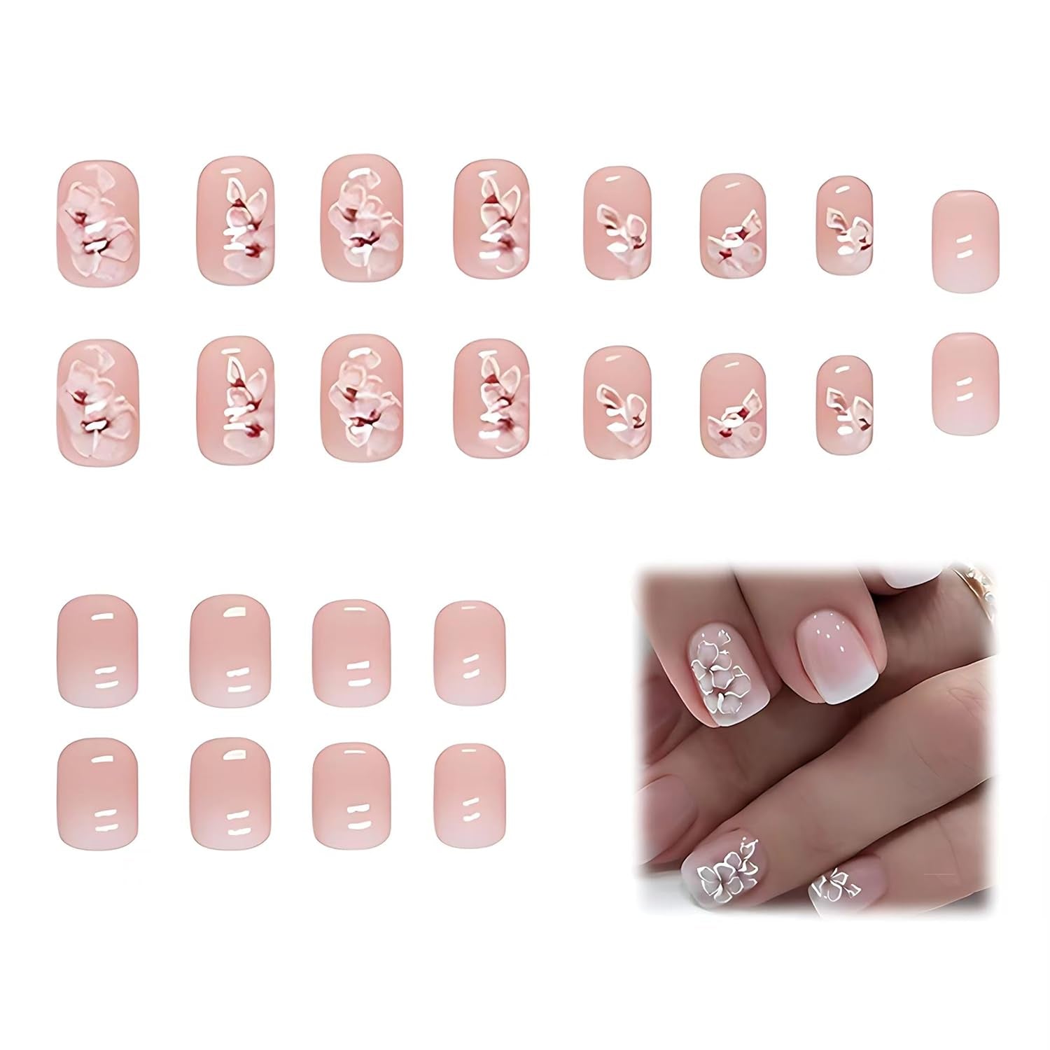 24pcs Wit Vierkant Lijm op korte nagels Roze gradiënt bloemenpatroon Druk op de nagels Kunstnagels Valse nagelkunst Franse vierkante nagels Kunstnagels voor dames