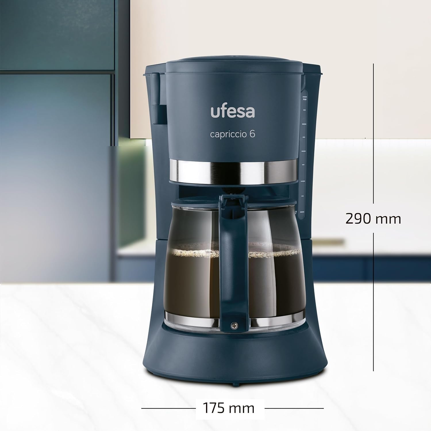 Ufesa CG7114 Capriccio filterkoffiezetapparaat, 6 kopjes, 600W, karaf 0,6L, antidruppelsysteem, automatische uitschakeling, blauw