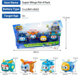 Super Wings Super Pets 4 STUKS Shine, Golden Boy, Jerome, Ellie Verwisselbare gezichtsuitdrukking Bliksemeffect Draagbaar speelgoed voor 3 4 5 6 7 8 jaar oude jongensmeisjes 2 inch actiefiguren Naty Shop