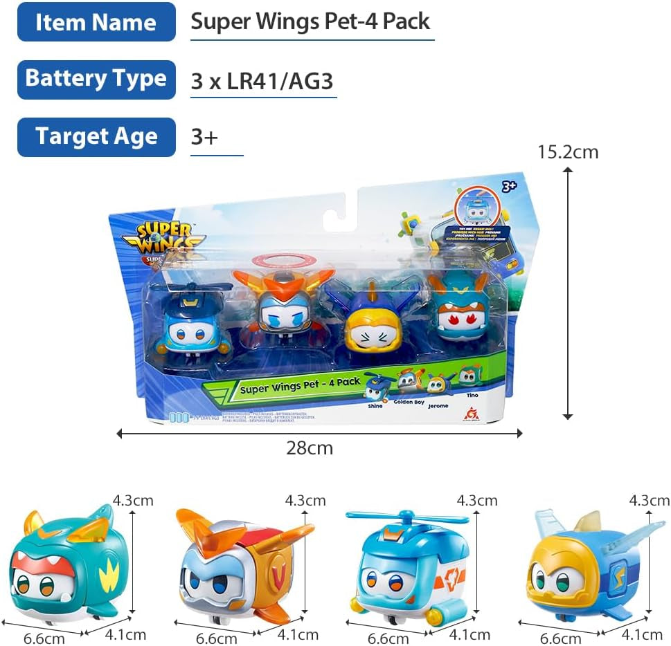 Super Wings Super Pets 4 STUKS Shine, Golden Boy, Jerome, Ellie Verwisselbare gezichtsuitdrukking Bliksemeffect Draagbaar speelgoed voor 3 4 5 6 7 8 jaar oude jongensmeisjes 2 inch actiefiguren Naty Shop