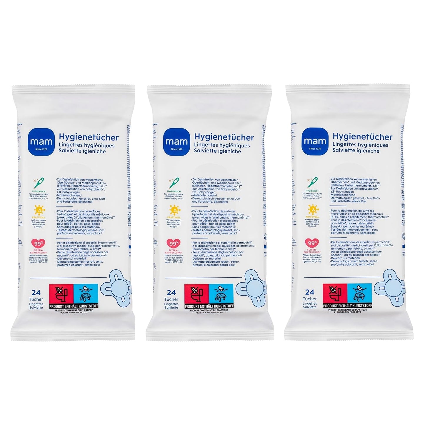 MAM maandverband 3-pack (3 x 24 stuks), schoonmaakdoekjes voor medische hulpmiddelen en babyaccessoires, antibacteriële en viruseffectieve maandverbanden