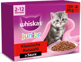Whiskas Junior Classic Selection Natvoer voor katten in saus, 48 ​​zakjes, 12 x 85 g (4 stuks) - Hoogwaardig natvoer voor opgroeiende katten, 2 tot 12 maanden