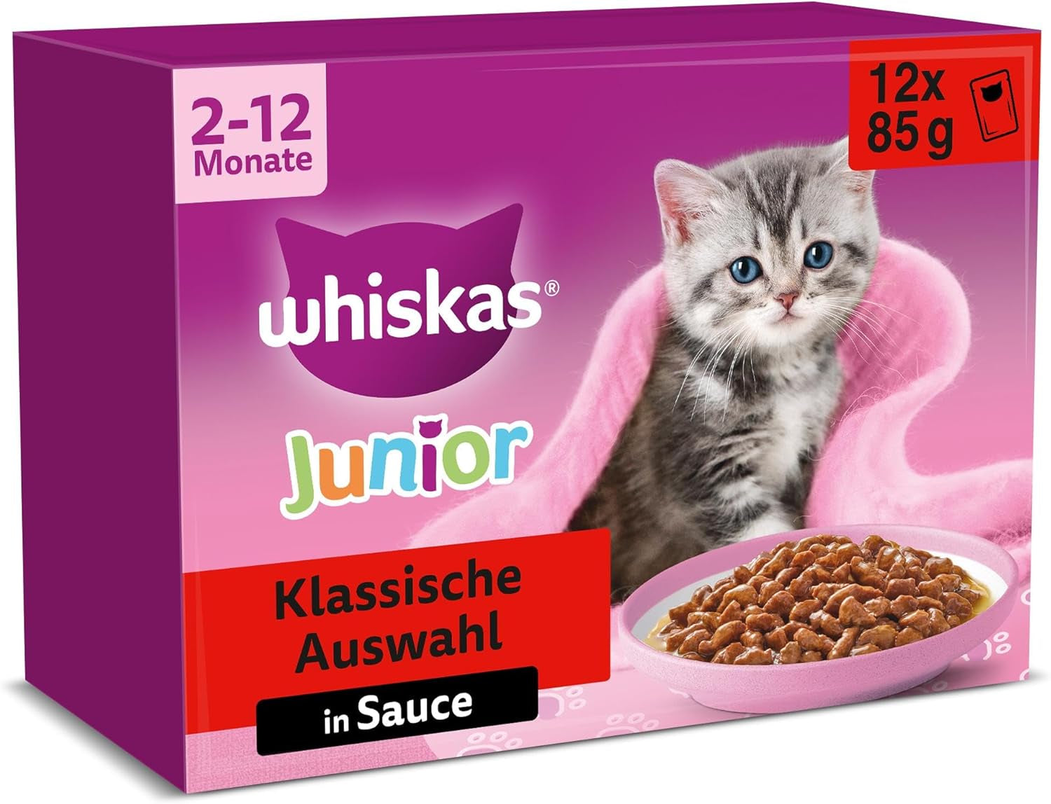 Whiskas Junior Classic Selection Natvoer voor katten in saus, 48 ​​zakjes, 12 x 85 g (4 stuks) - Hoogwaardig natvoer voor opgroeiende katten, 2 tot 12 maanden
