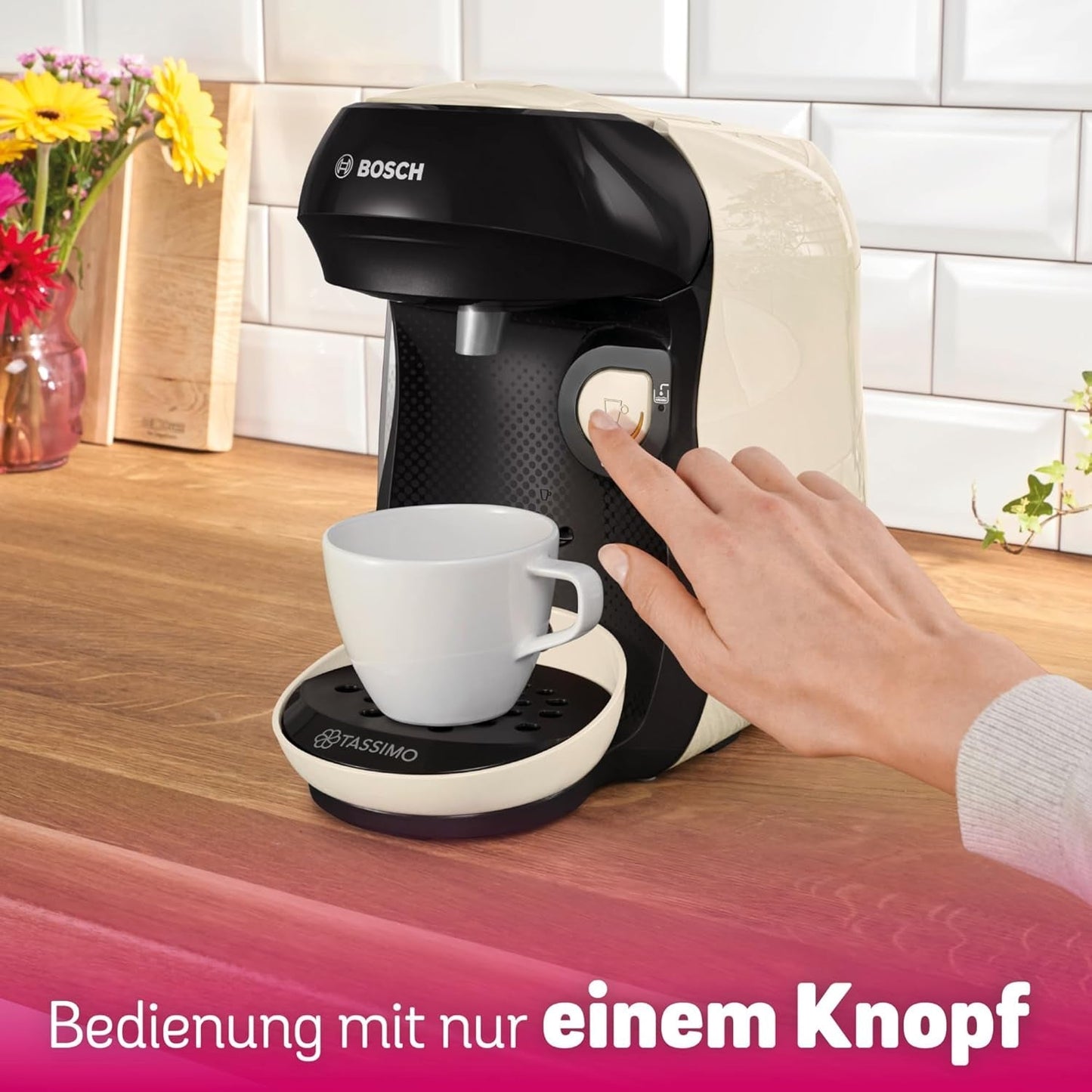 Bosch Tassimo Happy Friendly TAS107E Capsule-espressomachine, 70+ dranken, geschikt voor alle kopjes, auto-stop, duurzaam, perfecte dosering, ruimtebesparend, 1400W, crème/zwart