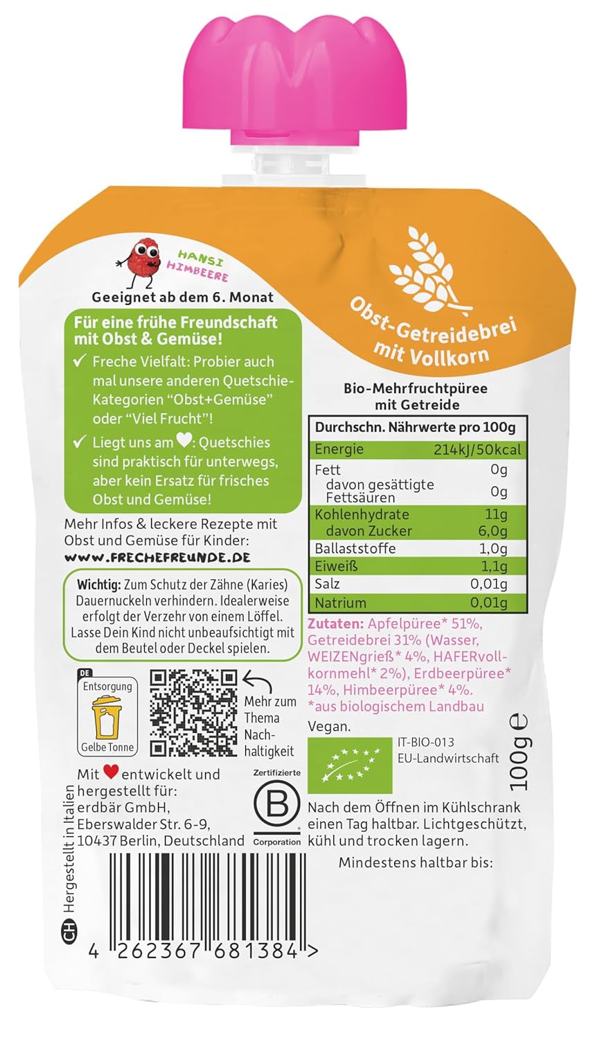 FRECHE FREUNDE Bio Quetschie Apple, Erdbeere, Himbeere mit Grieß, Fruchtmus mit Getreide in Quetschbeutel für Babies vanaf 6 maanden, veganistisch, 6er-pakket (6 x 100 g)