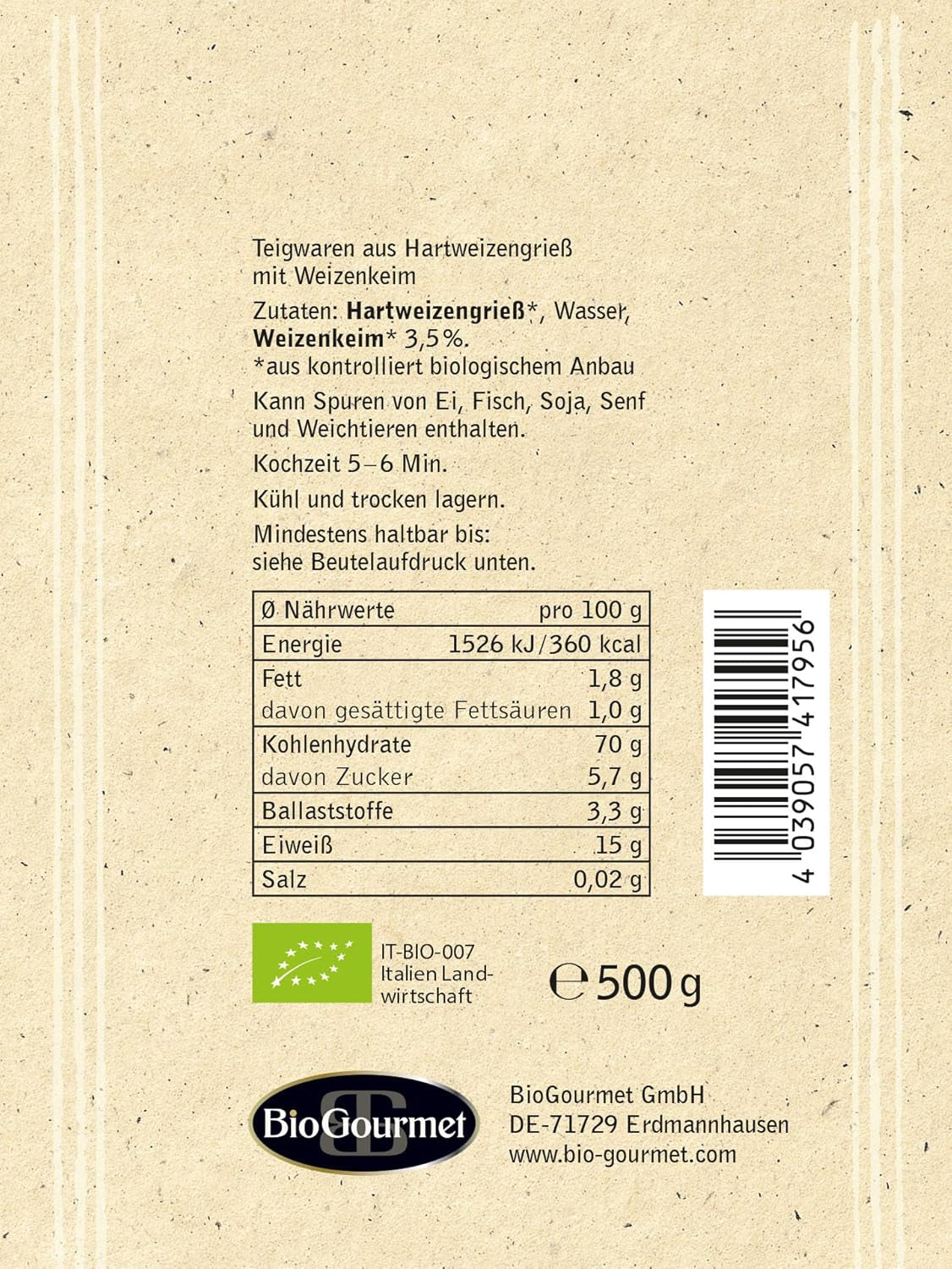 BioGourmet Pappardelle met Tarwekiemen - Biologische Brede Pasta voor Stoofschotels en Sauzen - met Extra Voedingsstoffen | 500 g Biologisch en Veganistisch