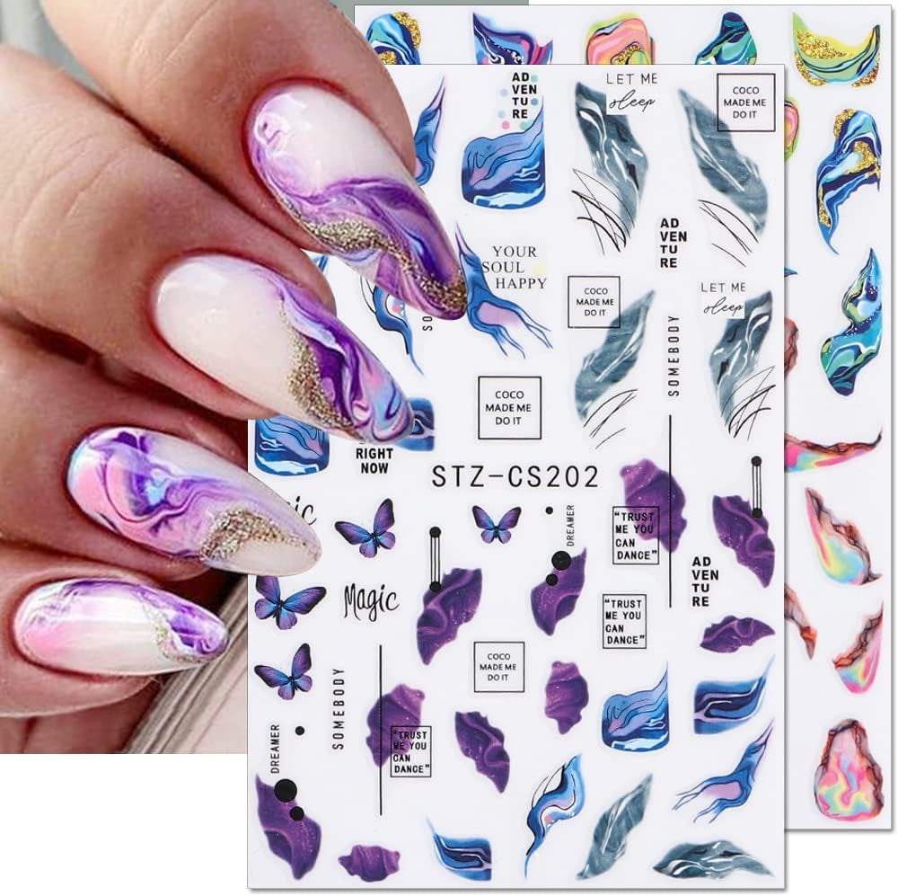 6 Blatt 3D Lila Schmetterling Nagelstickers Selbstklebend Nagelaufkleber Schmetterlinge Nagelsticker Bunte Blühen Marmor Nagelstickers Regenbogen Welle Linien Nail Art Aufkleber Nageldesign Zubehör