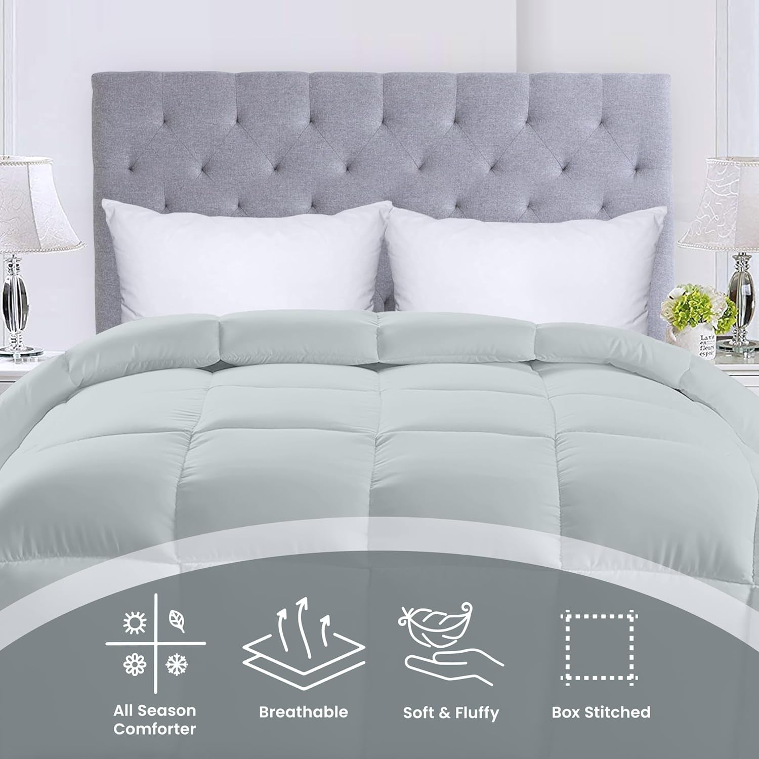 Utopia Bedding All Season-dekbed 250g/m² Pluche gesiliconiseerde vezelvulling tweepersoonsbed in doos gestikt (tweepersoonsbed XL lichtgrijs) Naty Shop Quilts & Quilts