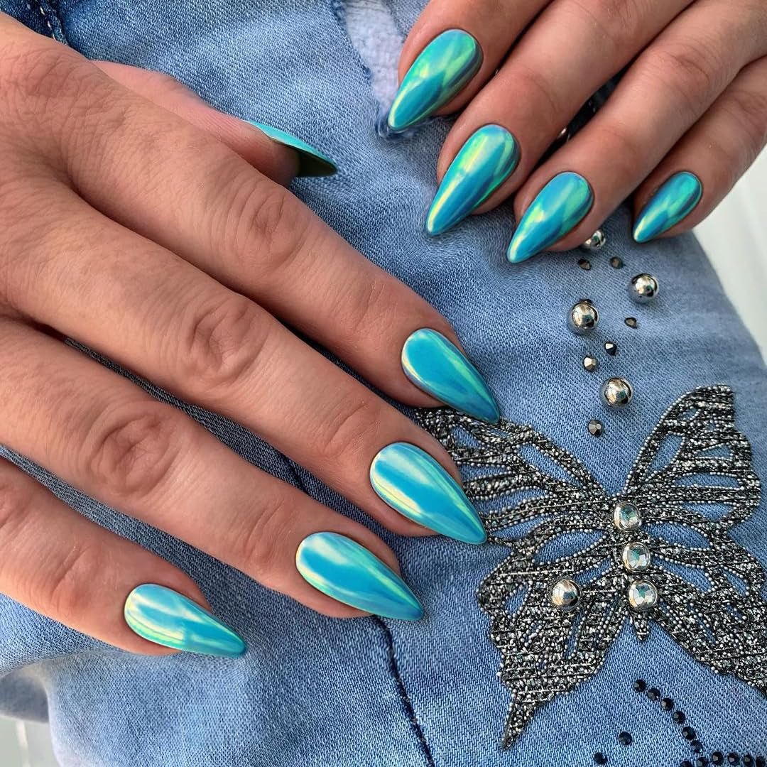 Zelfklevende chroomnagels - Medium amandelbruin Glitterlijm op nagels Glitter nepnagels Lijm op kunstnagels Geglazuurde acrylnagels voor dames 24 stuks