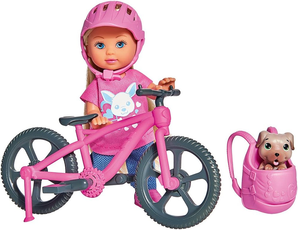 Simba 105733273 - Evi Love Fun Vakantiefietspop met fiets, hond en rugzak, modepop, 12 cm, voor kinderen vanaf 3 jaar