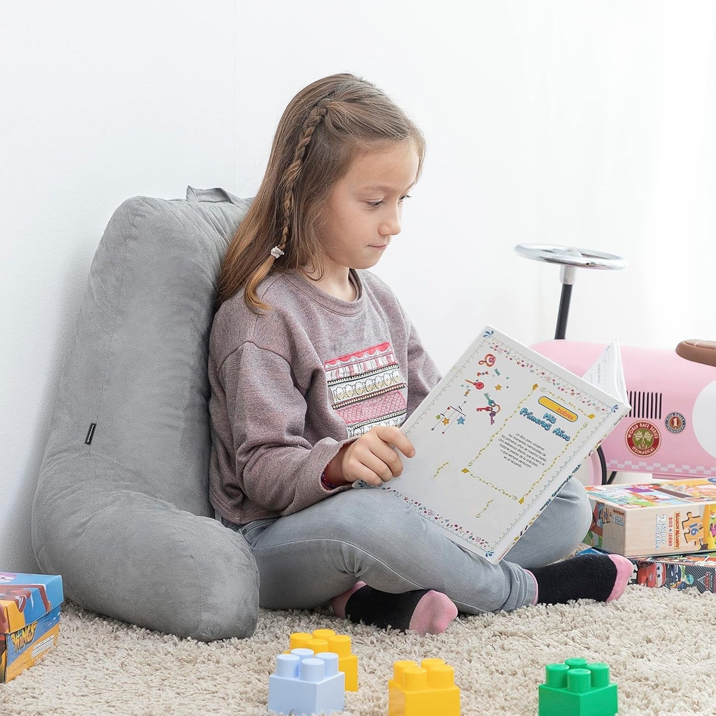 InnovaGoods Huglow leeskussen met armleuning voor bank, bed en tapijt, leeskussen met lendensteun en draaggreep, ergonomisch, voorkomt ongemak en pijn, grijs