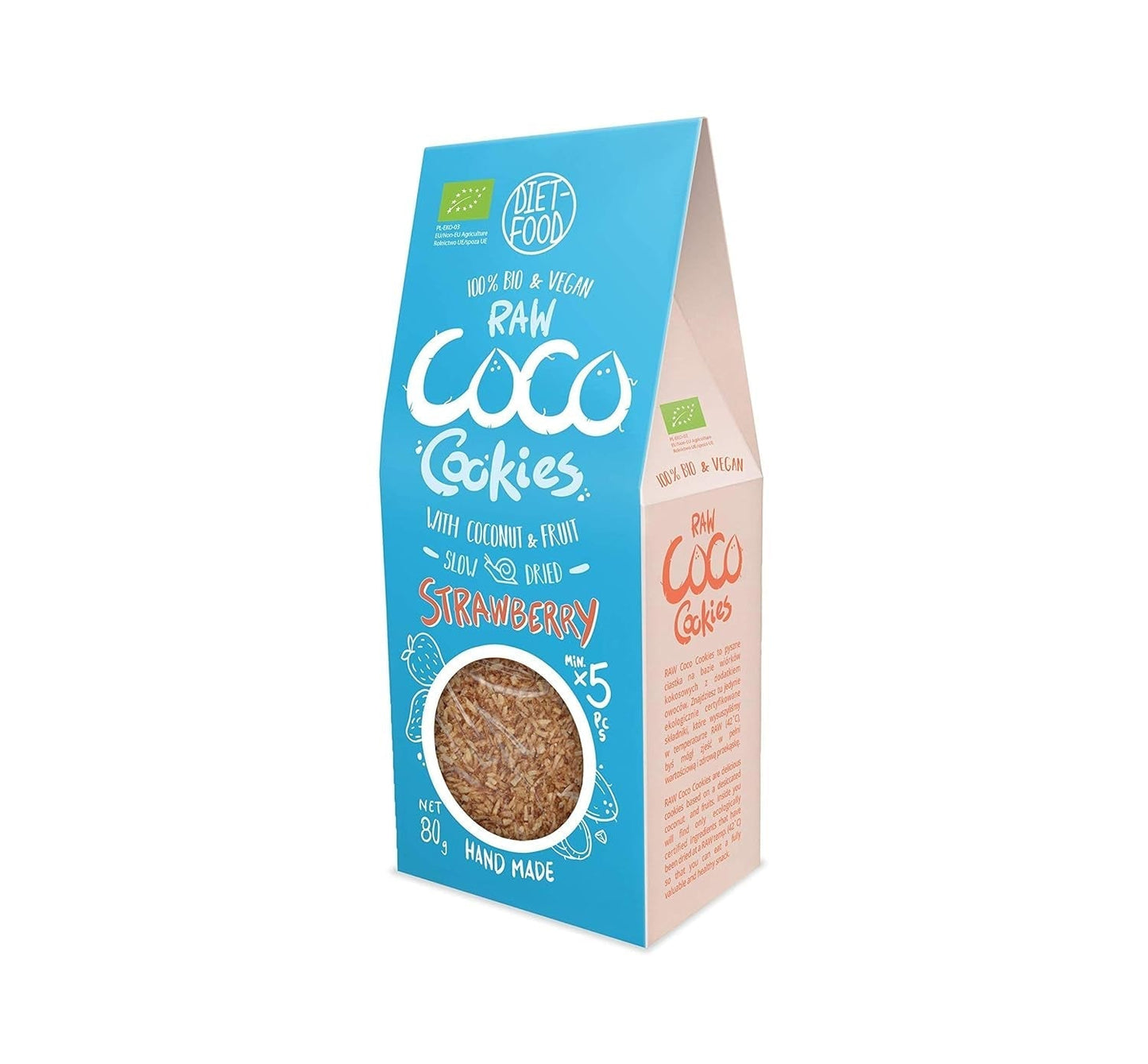DIET-FOOD Biologische Koekjes met Kokoschips en Aardbeien Gezond tussendoortje Heerlijke koekjes voor op kantoor, zonder bewaarmiddelen 80 g (1 pakje)