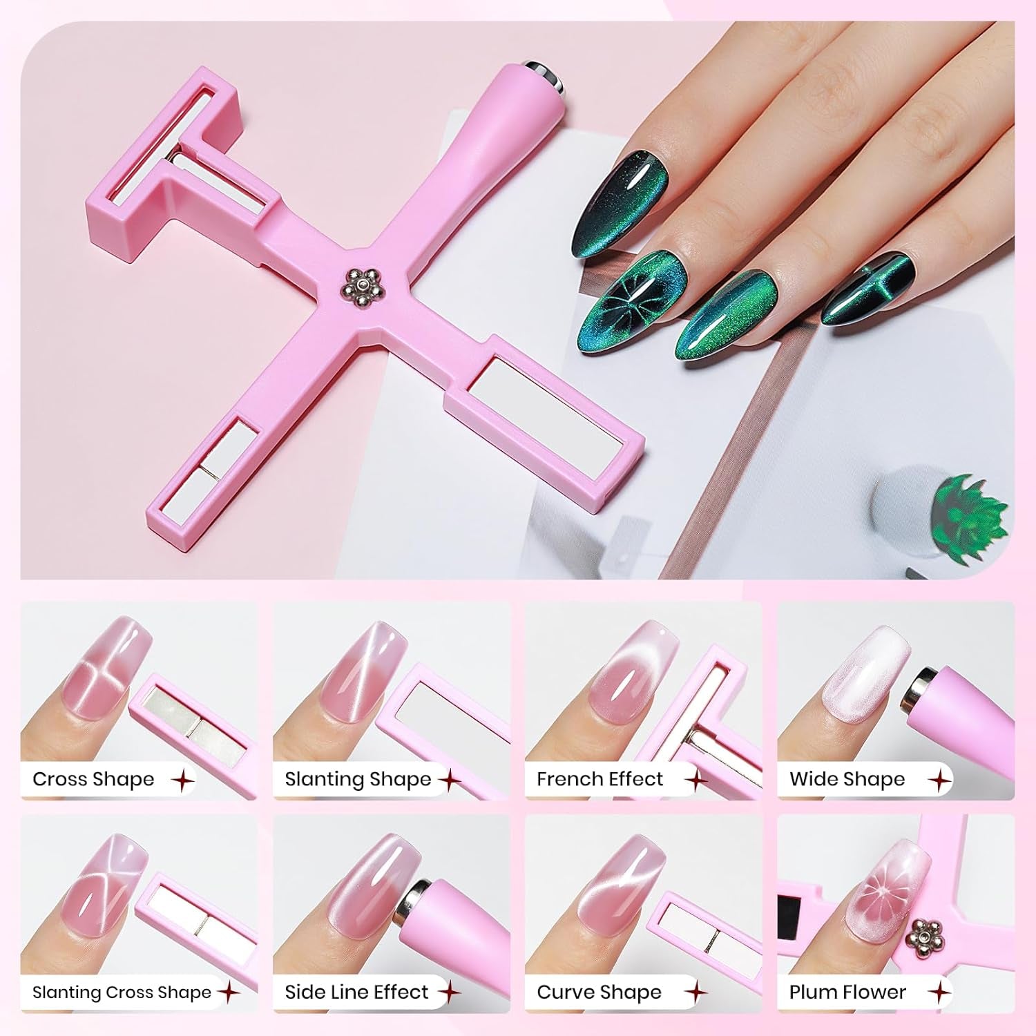SUPWEE 5 in 1 nagelmagneetgereedschap, roze Cat Eye-magneet voor nagelmultifuncties Magnetstift DIY Magic 3D-magneetstick-pennenset Nail Art-magneetstick voor nagelkunst doe-het-zelf