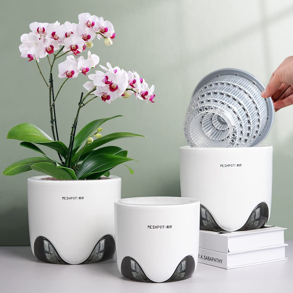 Orchideebloempot met drainagegaten voor verplanten, uitstekende luchtcirculatie, 2 stuks, dubbellaags plastic, keramische orchideeënplanter, transparante orchideebloempot, decoratief