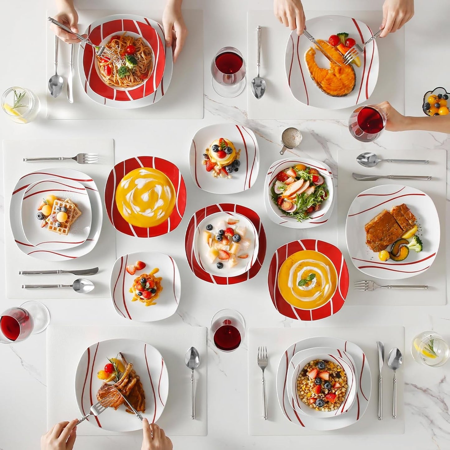 MALACASA Serviesset voor 6 personen, Felisa Porseleinen Serviesset 24-delig, Moderne Serviesset met 6 Dinerborden, Dessertborden, Suma Borden en Kommen, Perfect voor Kerstmis en Dagelijks Gebruik
