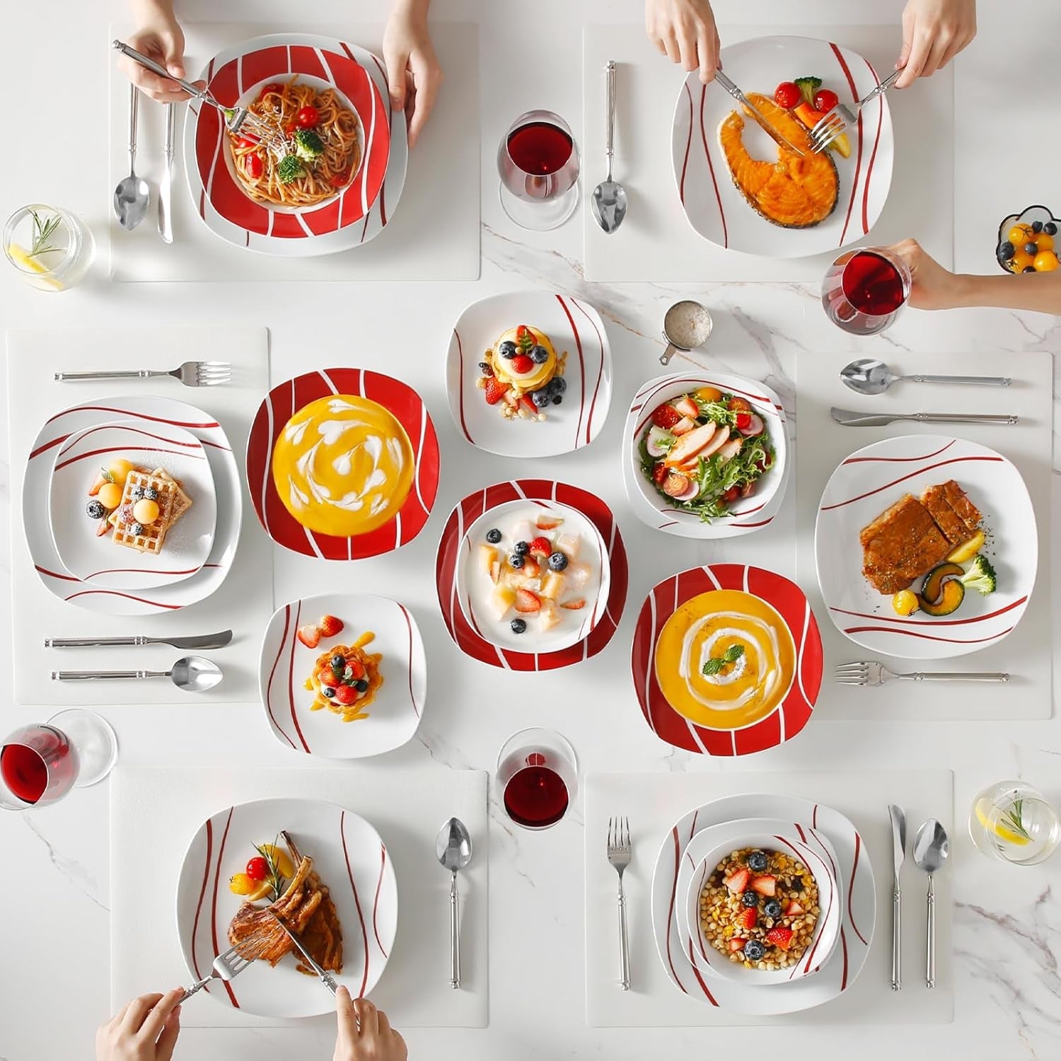 MALACASA Serviesset voor 6 personen, Felisa Porseleinen Serviesset 24-delig, Moderne Serviesset met 6 Dinerborden, Dessertborden, Suma Borden en Kommen, Perfect voor Kerstmis en Dagelijks Gebruik