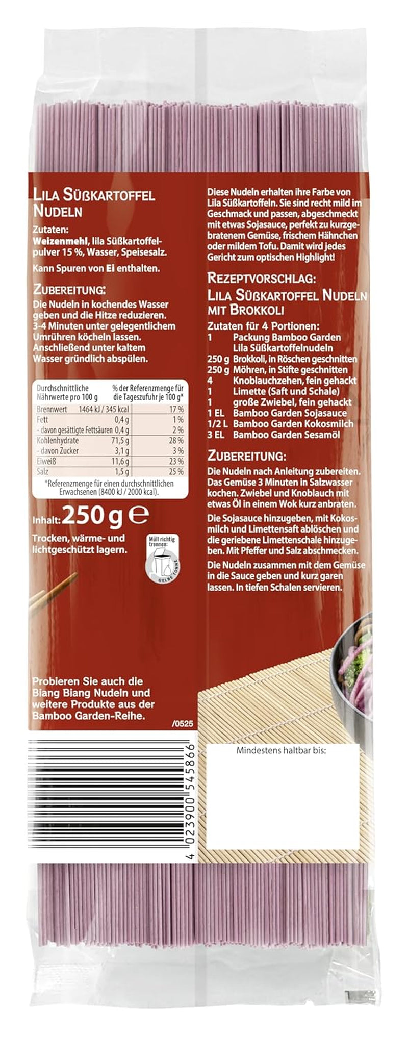 Bamboo Garden - Paarse Zoete Aardappelnoedels | Dunne noedels met een milde nootachtige smaak | Ideaal voor bowls en salades | Snel te bereiden zak van 250 g