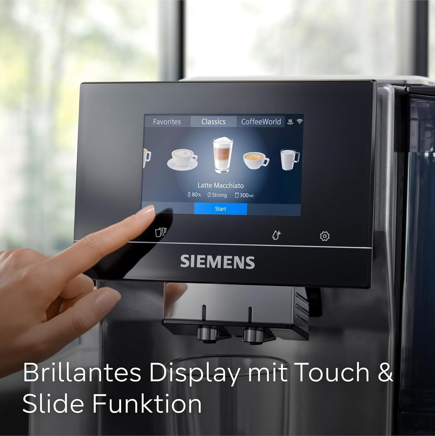Siemens EQ700 volautomatische espressomachine, groot kleuren TFT scherm, 36 warme en koude dranken, cold brew, 2 kops functie, app bediening, automatisch reinigingssysteem, zwart RVS, TQ717D03