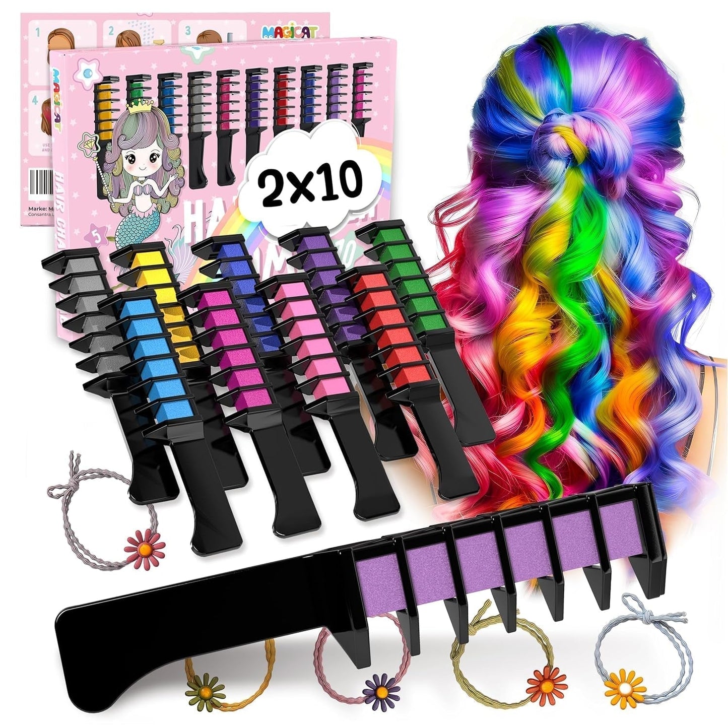 Magicat haarkrijt voor meisjes set I 10 wasbare kleuren en 5 haarelastiekjes I cadeau voor meisjes van 4 tot 10 jaar I creatief cadeau voor kinderverjaardagsfeestje 2025 I veilige en kleurrijke haarverf Naty Shop 400 G (1 verpakking)