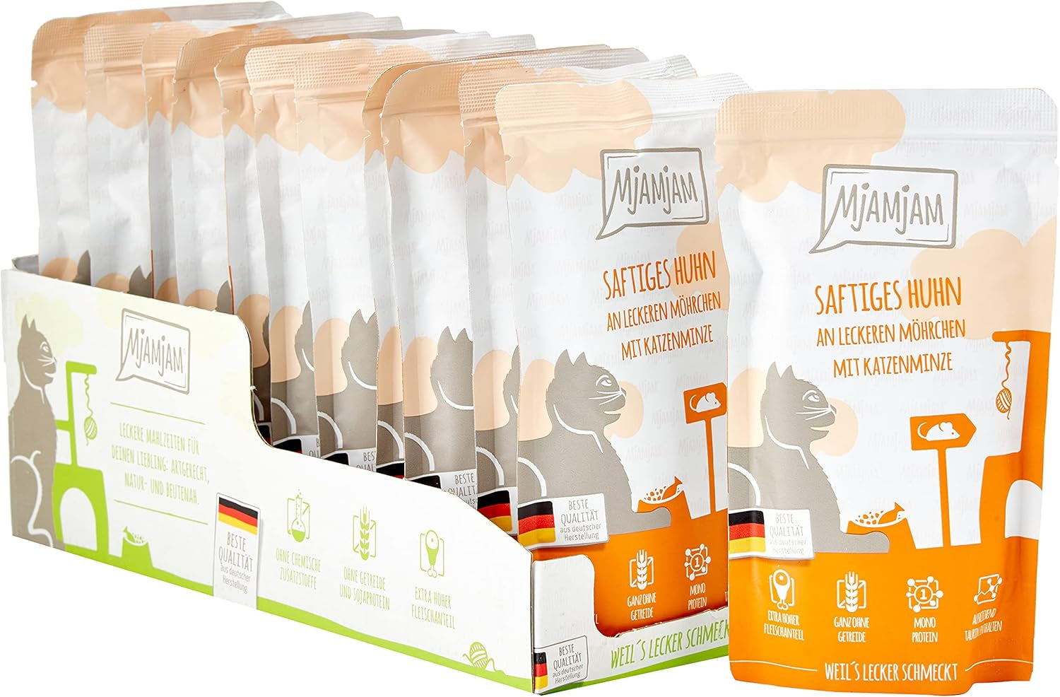 MjAMjAM - Premium Nat Kattenvoer - Knijpbaar zakje - Sappige Kip met Heerlijke Wortelen 12 Stuks (12 x 125g) Graanvrij met Extra Vlees